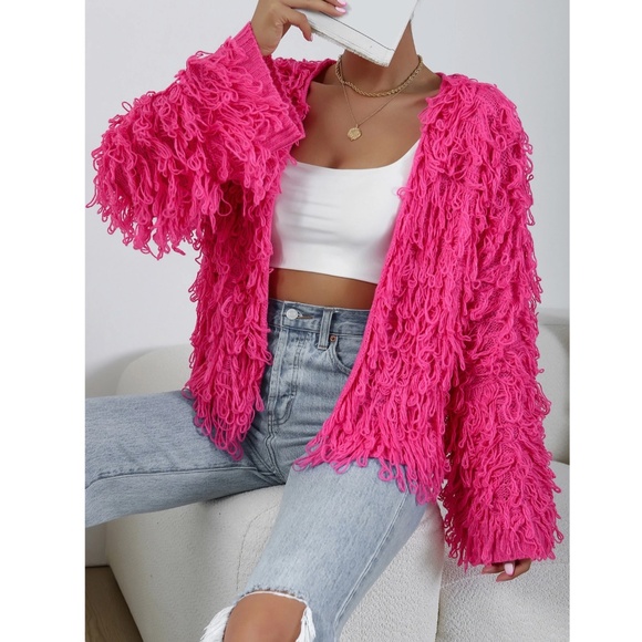 Hot Pink Fuzzy Open Knit Cardigan - Picture 2 of 9